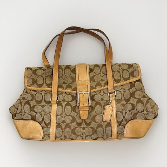 COACH Signature Jacquard Hampton Khaki Vachetta Leather Trim #6848 VTG 2003 - Picture 1 of 16